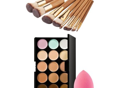 Maxbell 9pcs BAMBOO Kabuki Face Foundation Powder Cream Blush Makeup Brush Set + 15 Colors Contour Concealer Palette Kit Hot on Sale